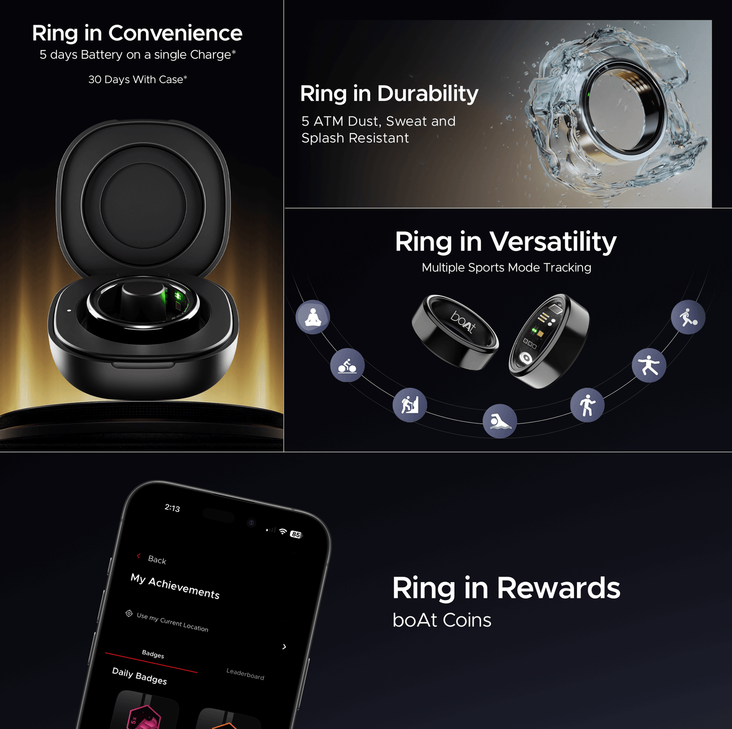boAt Smart Ring Active |Smart Ring with Stainless Steel Design, 90% Lighter, Health Monitoring, Magnetic Charging Case HME