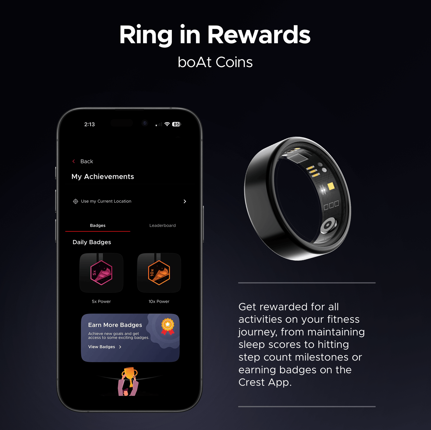 boAt Smart Ring Active |Smart Ring with Stainless Steel Design, 90% Lighter, Health Monitoring, Magnetic Charging Case HME