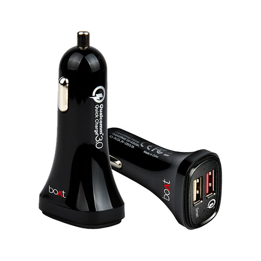 boAt Dual Port Rapid Car Charger (Qualcomm Certified) | Premium Car Charger with Quick Charge 3.0, Smart IC